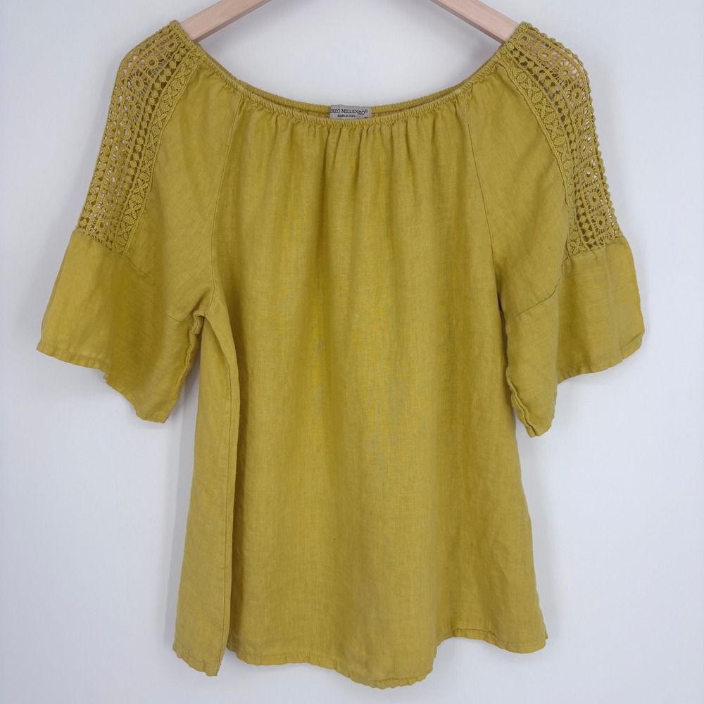 Terzo Millennio Linen Blouse Womens Medium Yellow Crochet Lace Made in Italy Top